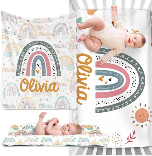 Vista 18 de Juego de ropa de cama personalizado para cuna de bebé, juego de 3 piezas para cuna de bebé, diseño de bolas y arco iris, cómoda manta de bebé