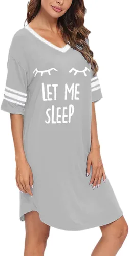 Vista 3 de Camisas de dormir para mujer, de manga corta, de algodón, con cuello en V, camisones de gran tamaño, lindo camisón estampado