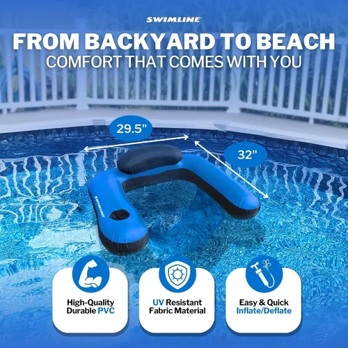 Vista 5 de SWIMLINE Original Fabric Covered Inflatable Pool Lounger with Comfortable Sling Seat, Back Rest, and Built in Cup Holder for Pool, Beach, Lake