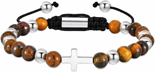 Vista 7 de JAYUMO Pulsera de cuentas ajustable con cuentas de ojo de tigre de piedra natural para hombre y mujer Cruz de ónix negro