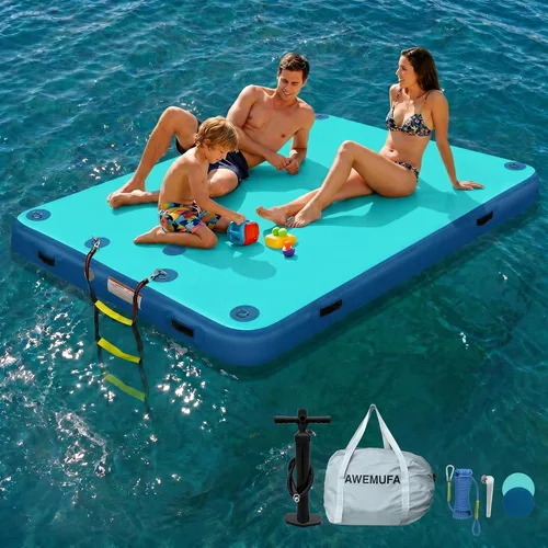 Vista 9 de AWEMUFA Muelle flotante inflable con rampa de 5 pies/6 pies/8 pies/10 pies, plataforma flotante flotante, tapete flotante de isla flotante, flotador