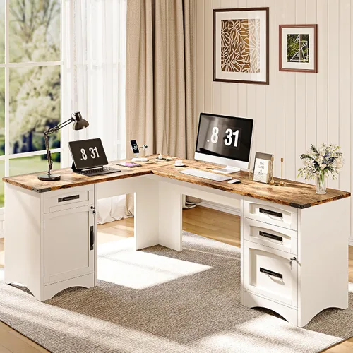 Vista 11 de Decofy L Shaped Farmhouse Executive Desk with Drawers, Grey Gris