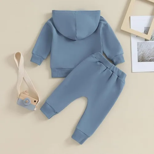 Vista 3 de Ropa de otoño e invierno para bebé niño y niña, color sólido, manga larga, sudadera con capucha, pantalones deportivos
