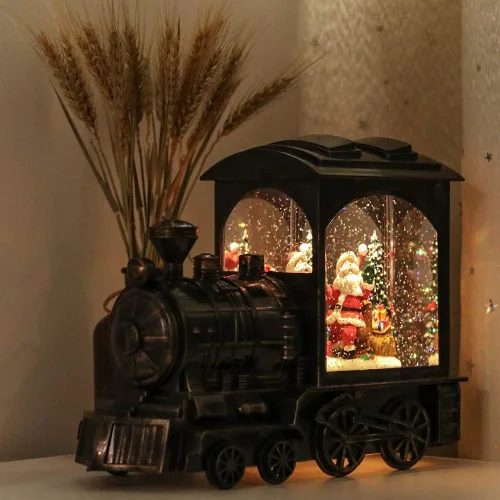 Vista 5 de GenSwin Linterna de globo de nieve con tren iluminado con música, nieve de agua, brillante, funciona con pilas, con temporizador, decoración musical