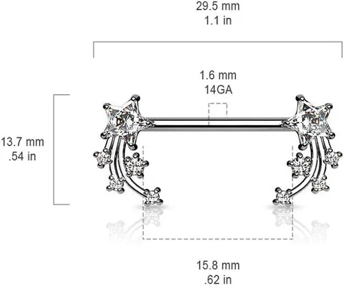 Vista 2 de Pierced Owl - Barras de pezón con extremo de estrella fugaz de acero inoxidable 14G, se venden por par