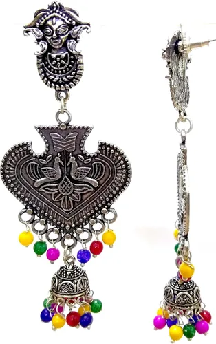 Vista 2 de DESI HAWKER pendiente de plata oxidada Bali Jhumki Jhumka joyería Bollywood gota colgante araña pavo real tribal NI-164