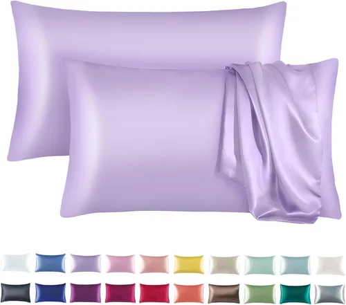Vista 9 de Tyfitb Juego de 2 fundas de almohada de satén para cabello y piel, color azul bebé, fundas de almohada de enfriamiento tamaño estándar