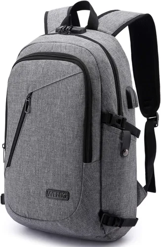 Vista 10 de WENIG - Mochila antirrobo para portátil de viaje con puerto de carga USB y cerradura, mochila de trabajo delgada y resistente al agua para hombres