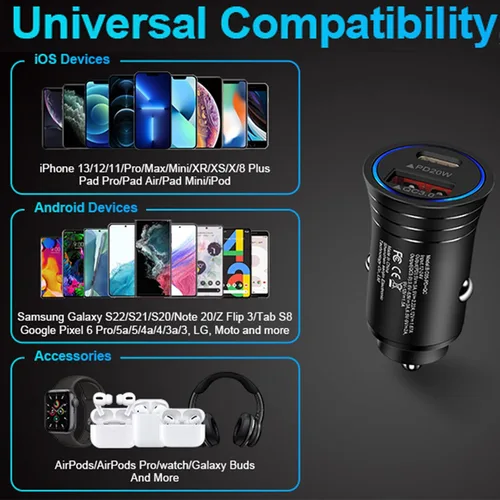 Vista 7 de Cargador del coche del USB C, puerto dual del adaptador del cargador del coche de la carga rápida 38W PD&QC 3,0 Cigarette Lighter USB Plug for