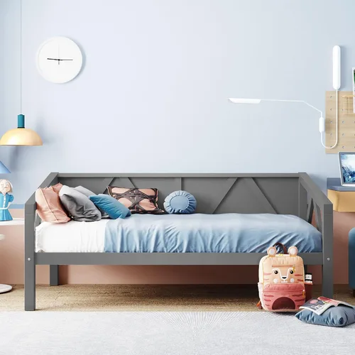 Vista 3 de Merax Marco de cama de día de madera de granja con soporte de listones de madera, sofá cama con patas resistentes, no necesita somier, tamaño Gris