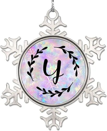 Vista 30 de Adorno de copo de nieve de letra A con inicial de copo de nieve, corona negra, adorno con monograma para decoración de árbol de Navidad, adornos