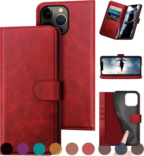 Vista 9 de DuckSky Funda tipo cartera de piel auténtica para iPhone 13 Pro de 6.1 pulgadas. Bloqueo RFID. 4 tarjeteros de crédito. Cuero auténtico. Funda Negro