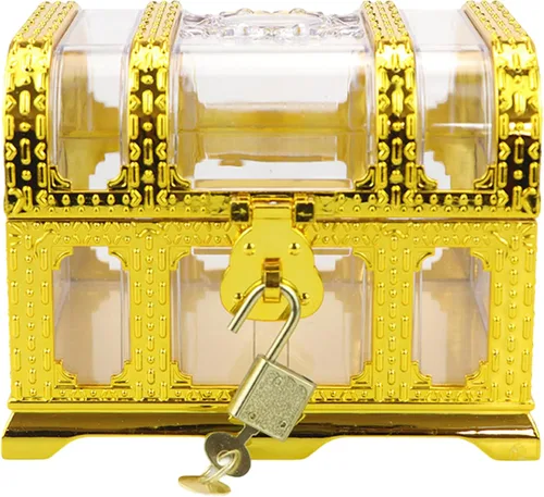 Vista 19 de Cofre del tesoro pirata para niños: pequeña caja del tesoro con cerradura y llave, caja de colección vintage de plástico para almacenamiento
