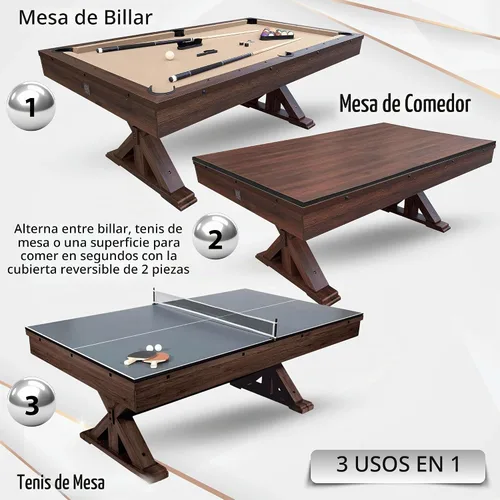 Vista 2 de Mesa de juego multifuncional de 7' 3 en 1 con mesa de billar y mesa de ping pong con tapa para cenar. Incluye banco de almacenamiento dual