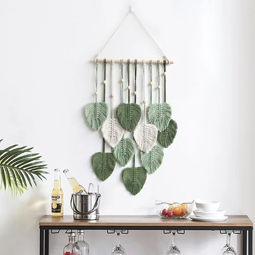 Vista 3 de Juaugusep Tapiz de macramé para colgar en la pared, tapiz tejido bohemio chic para decoración del hogar, moderno, hecho a mano, con plumas de hojas