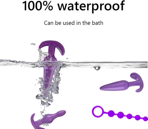 Vista 2 de Juego de 6 tapones anales de silicona impermeables para mujeres y hombres, con kit de enchufe de cuentas, paquete de 6 tapones anales, color morado