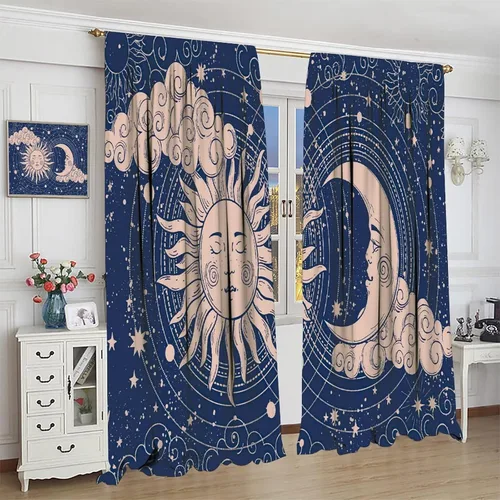 Vista 4 de Cortinas opacas con diseño de sol y luna, cuerpos celestes bohemios, con diseño de sol, luna y estrellas, para sala de estar, dormitorio, 42 x 45