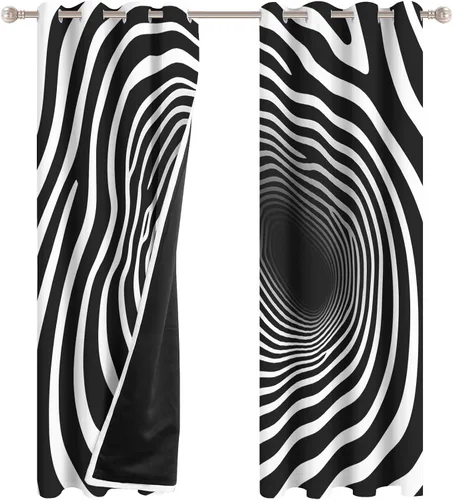 Vista 2 de Cortinas de ilusión óptica de 39 pulgadas de largo, juego de 2 paneles, cortinas negras y blancas para decoración de dormitorio, sala de estar
