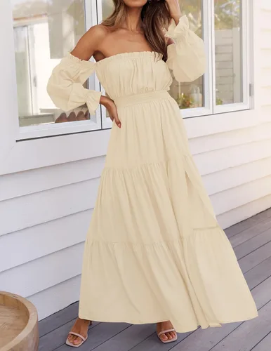 Vista 58 de ZESICA - Vestido largo, bohemio y sexy, con hombros descubiertos y manga larga fruncida, con elástico fruncido, cintura alta y abertura lateral