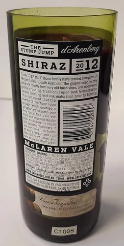 Vista 3 de Repurposed 2012 d'Arenberg Shiraz The Stump Jump Wine Bottle Candle - Handcrafted Home Decor with Original Label - Captivating Ambiance