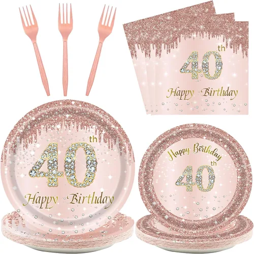 Vista 16 de 24 juegos de decoración de cumpleaños de oro rosa para niñas 1 juego de platos y servilletas y tenedores suministros de fiesta para niños de 1 año