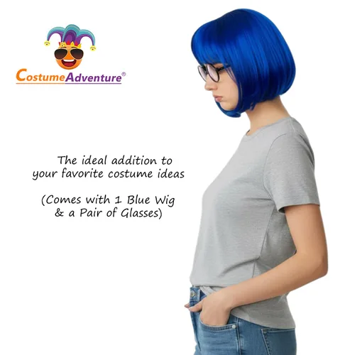Vista 3 de Costume Adventure Conjunto de peluca de disfraz de Bob y gafas azul real para mujer, talla única