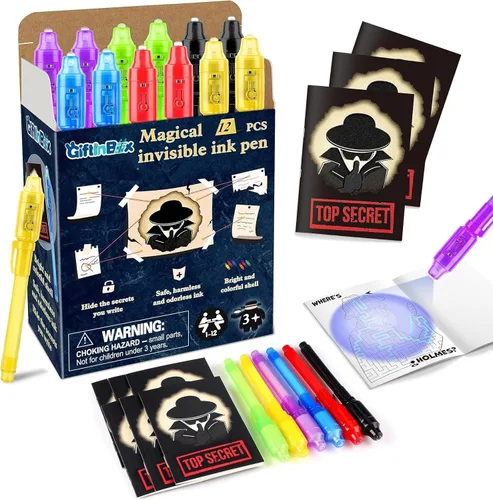Vista 8 de Bolígrafos de tinta invisible GIFTINBOX con luz UV para niños, bolígrafos espía para regalos de fiesta para niños de 8 a 12, paquete de 24