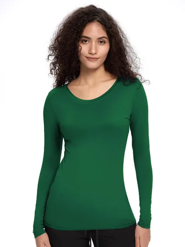 Vista 4 de COZYFIT Underscrub de manga larga para mujer - Blusas de uniforme para enfermeras con cuello redondo y tela suave Verde cazador