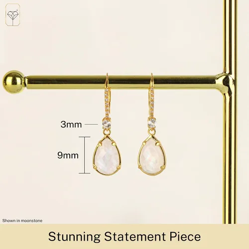 Vista 4 de Aretes colgantes con forma de pera de 6.5 quilates para mujer con oro de 18 quilates sobre plata de ley Aretes de piedra natal con cierre