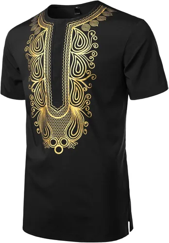 Vista 2 de LucMatton Camisa africana tradicional de manga corta con botones ocultos para hombre, diseño de Dashiki dorado metálico de lujo, Metálico