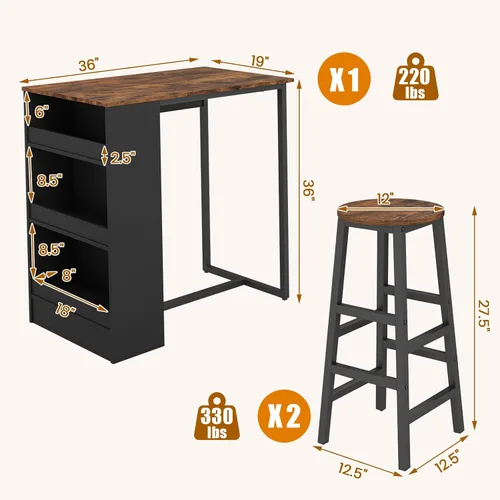 Vista 9 de Giantex Juego de mesa de comedor de 3 piezas, mesa de cocina rectangular de 36 pulgadas y 2 taburetes de bar con estantes de almacenamiento, juego