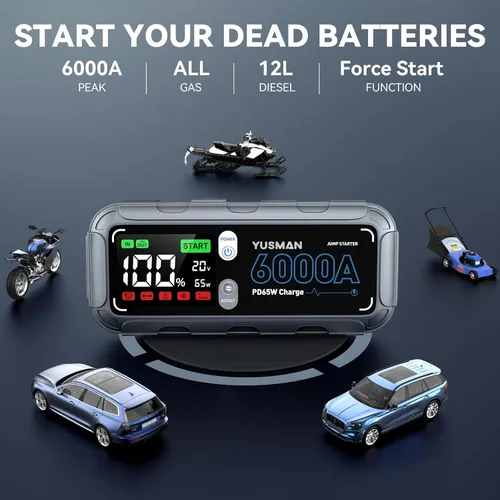 Vista 2 de Arrancador de batería de automóvil de 6000A, cargador rápido de 65W, batería de arranque de 26800mAh (toda gasolina/12L diésel) con reforzador