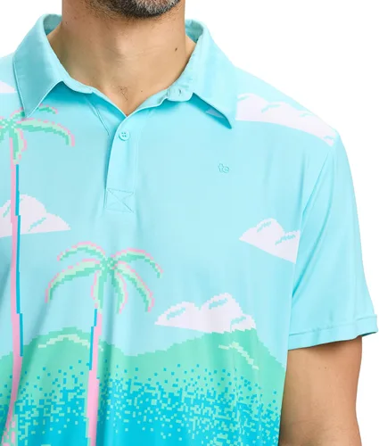Vista 3 de Tipsy Elves Camiseta polo de golf divertida para hombre - Ropa de golf novedosa Paraíso azul de 8 bits