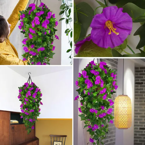 Vista 5 de Cesta de flores artificiales colgantes para decoración de primavera al aire Morado