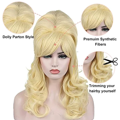 Vista 3 de Kalyss Peluca rubia de colmena para mujer, rizada, ondulada, larga, resistente al calor, pelo sintético para disfraz de cosplay (rubio)