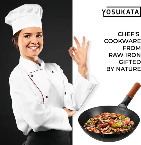 Vista 9 de YOSUKATA Wok de acero al carbono – Woks y sartenes de 11,8 pulgadas – Wok chino con fondo plano Pow Wok – Wok tradicional chino japonés – Wok negro