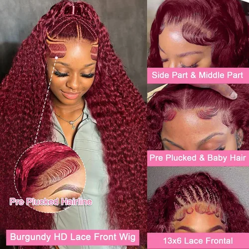 Vista 2 de Pelucas de cabello humano con encaje frontal de 13 x 6 pulgadas, color borgoña 99j