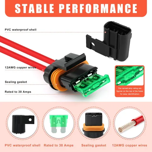 Vista 3 de Zhushan Juego de 6 portafusibles en línea 12V a prueba de agua – Portafusibles de cuchilla ATO/ATC de 12AWG con cubierta – Juego de fusibles