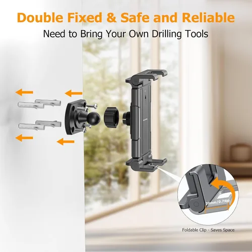 Vista 7 de OHLPRO Soporte de pared para tableta, giratorio de 360°, ajustable, universal, soporte para iPad, para cocina, oficina, almacén, hogar, compatible