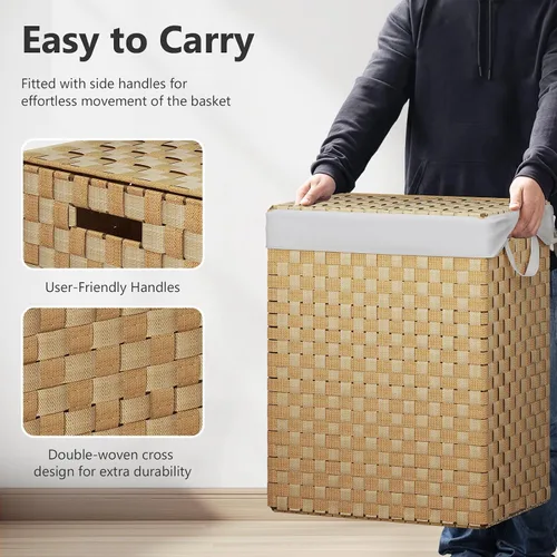 Vista 2 de Fiona's magic - Cesta plegable para ropa sucia con tapa, tejida a mano de 96 litros con bolsas de forro extraíbles, cesta alta plegable