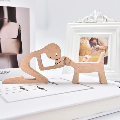 Vista 4 de ISHINE Estatua de madera decorativa de madera para hombre y perro, hecha a mano, tallada, creativa, regalo para la oficina en casa, para hombres