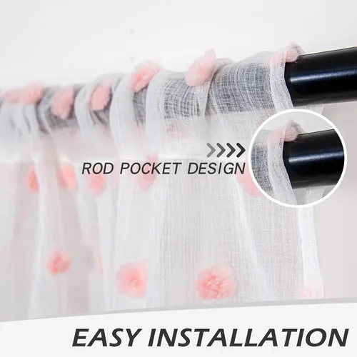 Vista 2 de MYSKY HOME Cortinas rosas para dormitorio de niñas, habitación de guardería, pompones para habitación de niñas y niños, cortinas traslúcidas blancas