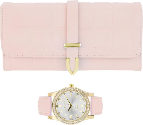 Vista 12 de Reloj de pulsera de cuero dorado para mujer y cartera de tres pliegues a juego