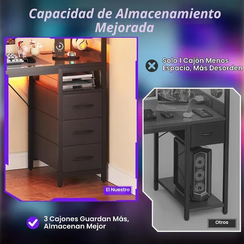 Vista 5 de Escritorio pequeño para computadora de juegos de 48 pulgadas con luces LED y estante de almacenamiento, color negro