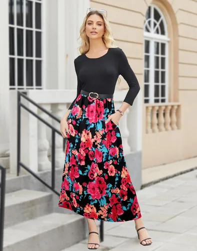 Vista 6 de Supnier Vestido largo de manga 34 para mujer, casual, estampado floral, con bolsillos