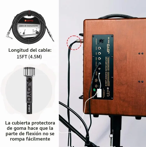 Vista 6 de JOYO Cable para Bajo de Guitarra 15 Pies, Cable de Instrumento de Audio Profesional 1/4 Pulgada, Cable de Amplificador de Ángulo Recto (Negro, CM-12)