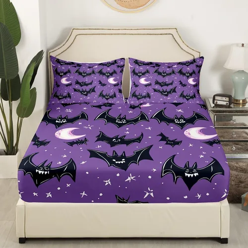 Vista 3 de Lindas sábanas de murciélagos tamaño individual, juego de sábanas de Feliz Halloween para niños y niñas, Kawaii cielo estrellado estrellas luna