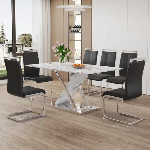 Vista 18 de Juego de mesa de comedor de mármol para mesa rectangular blanca de 6.63 pulgadas con marco de metal plateado en forma de X y 6 sillas de comedor