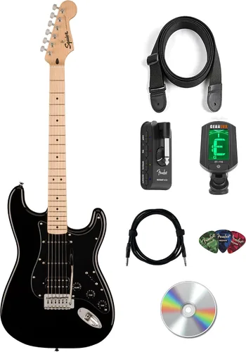 Vista 8 de Fender Squier Sonic Stratocaster HSS - Paquete negro con amplificador Frontman 10G, afinador, correa, cable, púas y DVD de guitarra Austin Bazaar