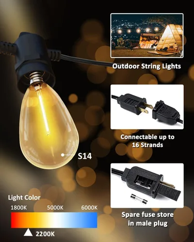 Vista 3 de Luces de Cadena para Patio Exterior de 26 Pies IP65 Impermeables Luces de Cadena Exteriores LED con 13+1 Bombillas S14 1W Irrompibles para Patio